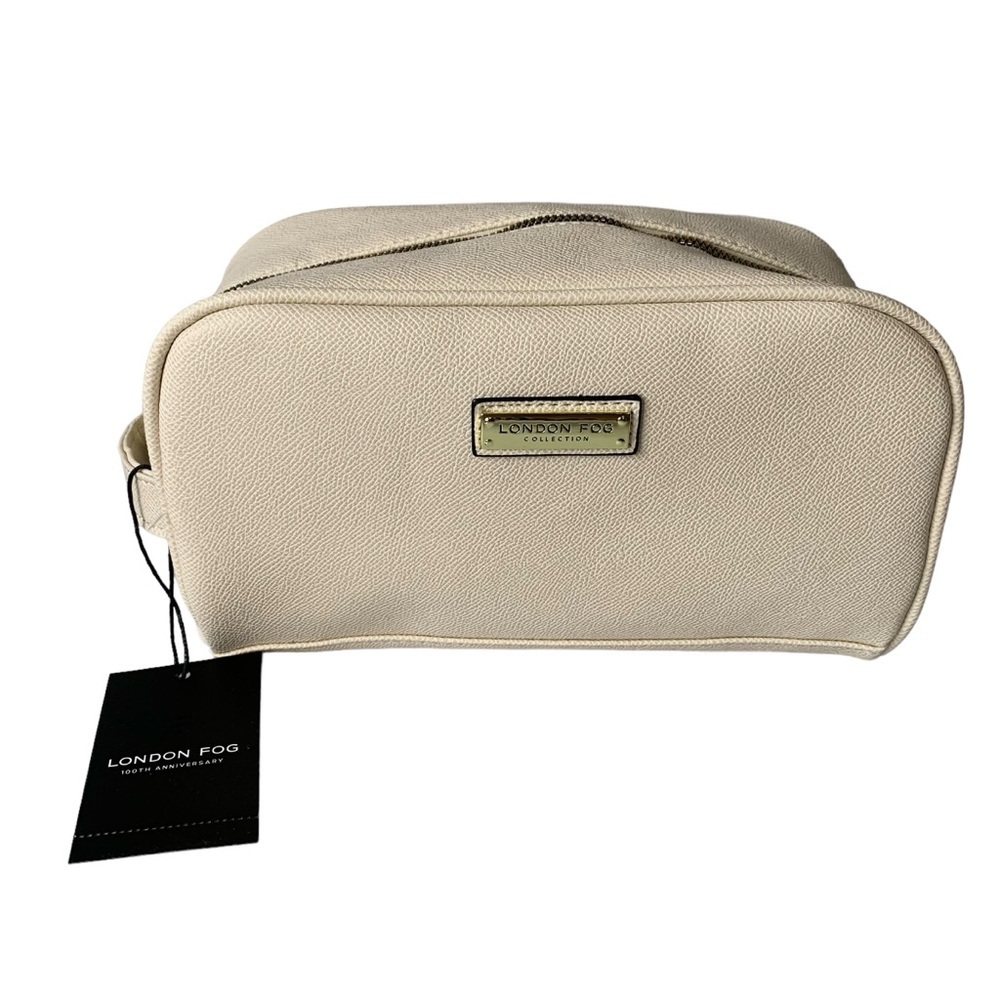 London Fog NWT 100th Anniversary Elsie‎ Cosmetic Bag in Cream Caviar Emboss.